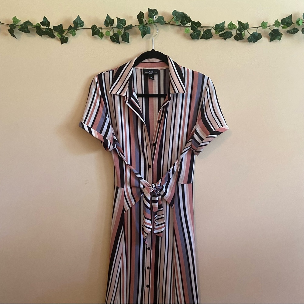 AGB Striped Tie-Front Collared Shirt Dress